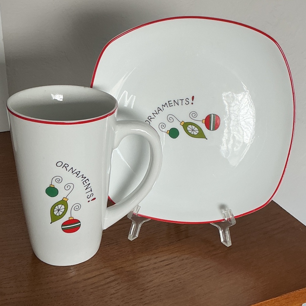 Fitz and Floyd White and Red Ornaments Mug and Plate Set
